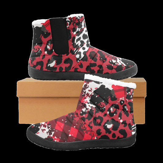 Plaid Leopard Patchwork Boots - Red / Black