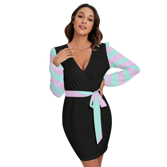 Elegant Pastel Goth Pink Green Striped Women’s Long Sleeve Dress With Waist Belt - XS / White