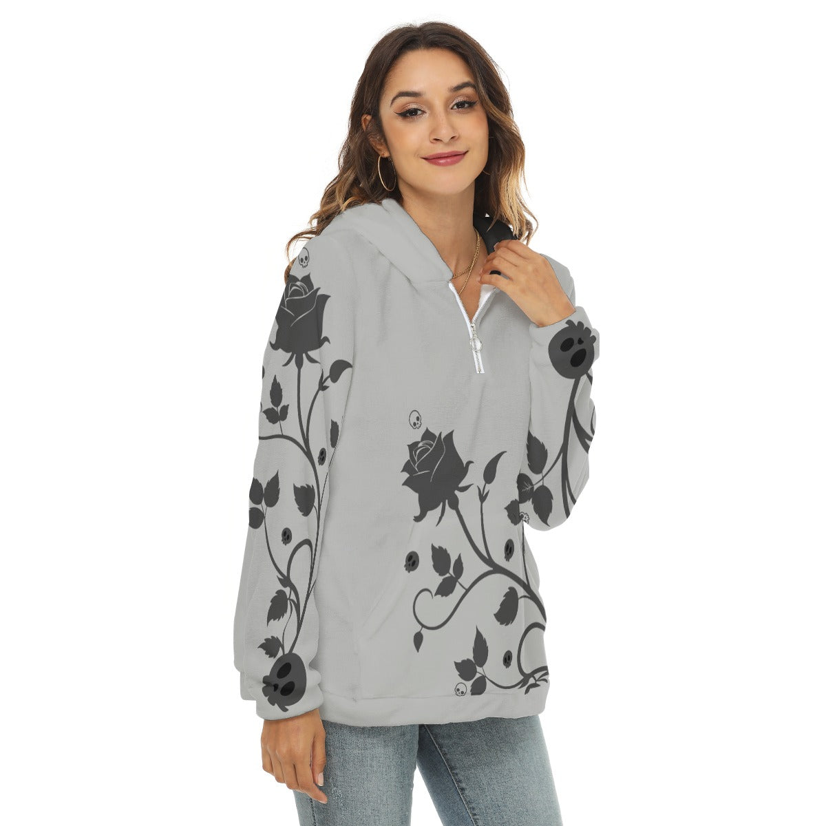 Grey Gothic Rose Women’s Borg Fleece Hoodie With Half Zip