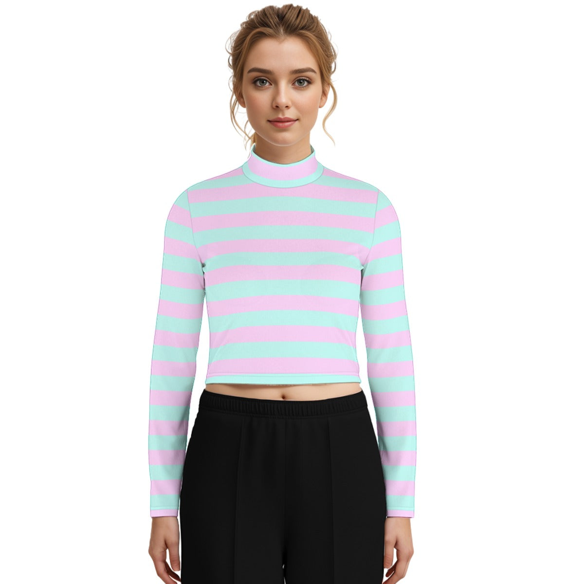 Pastel Pink Green Striped Women’s Turtleneck Crop Top