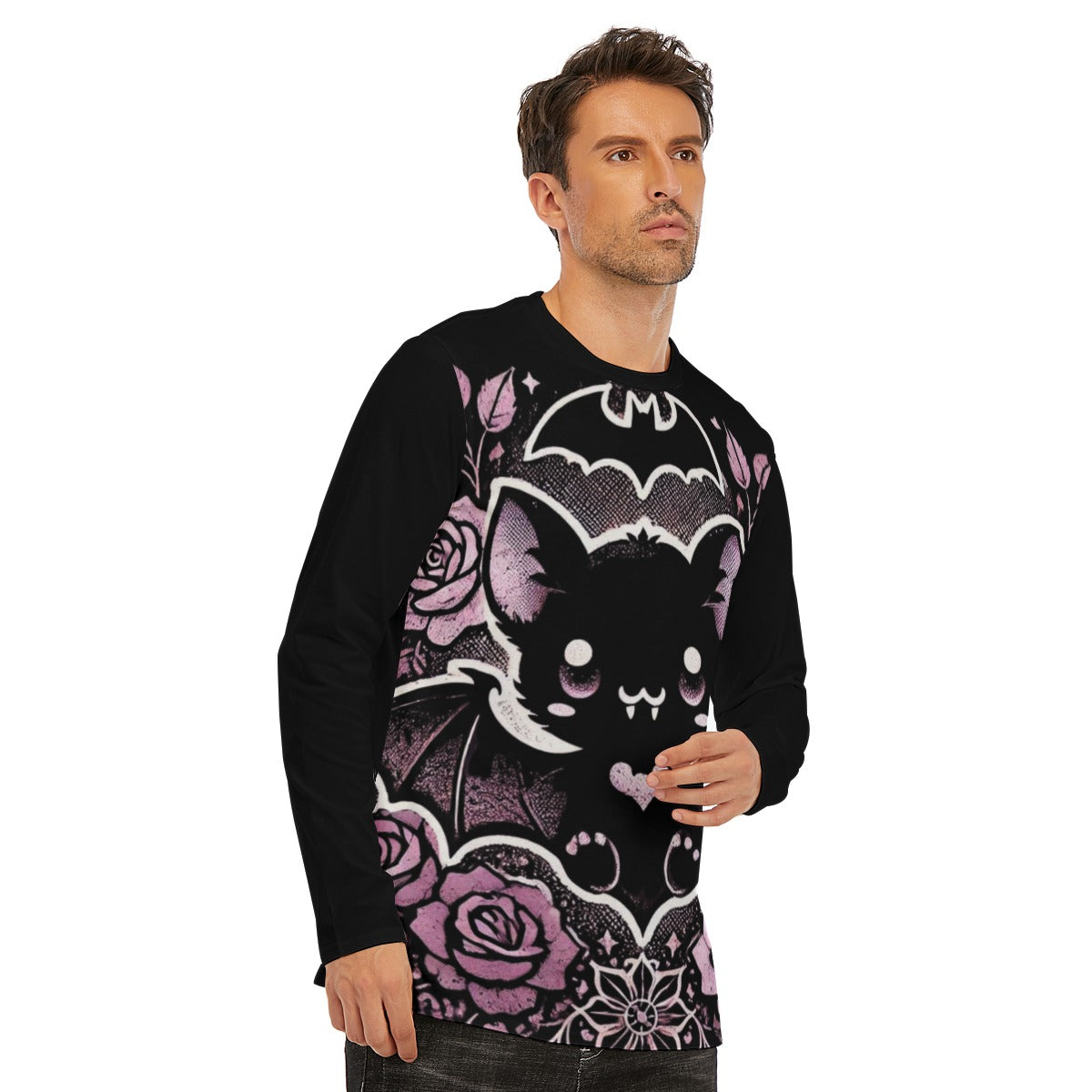 Vintage Floral Gothic Bat Long Sleeve T-Shirt - Purple / Black