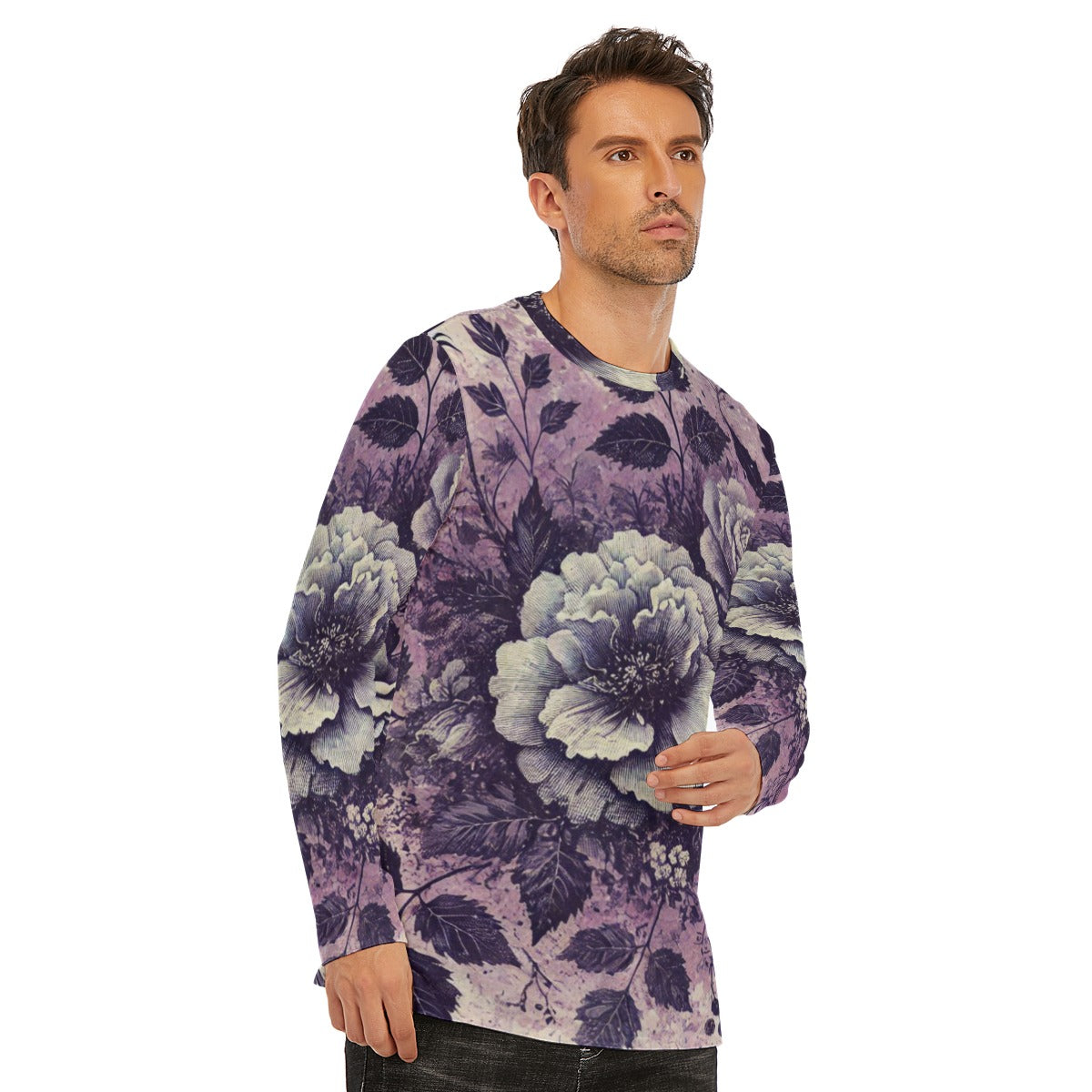 Vintage Flower Long Sleeve T-Shirt - Purple / Grey