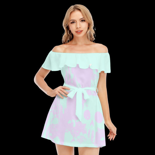 Pastel Goth Green & Purple Off-shoulder Dress With Ruffle - XS