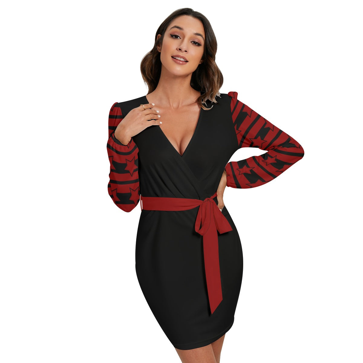 Stitched Star Red Black Women’s Long Sleeve Dress With Waist Belt - XS / White