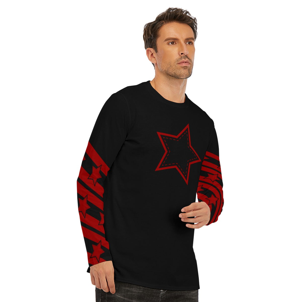 Crimson Red Stripes and Star Long Sleeve T-Shirt | 190GSM Cotton