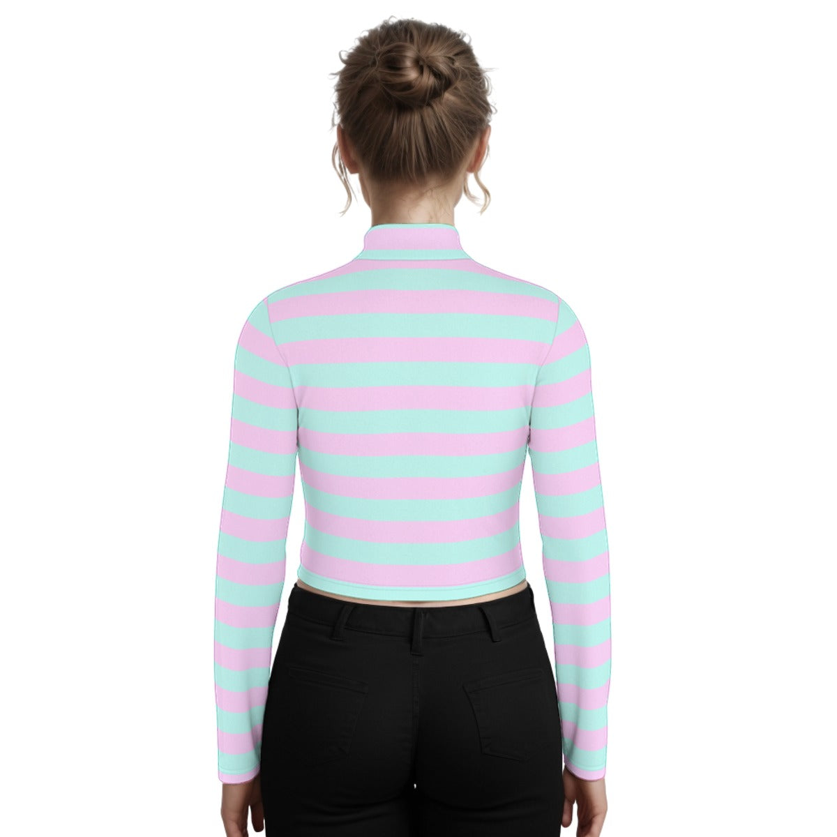 Pastel Pink Green Striped Women’s Turtleneck Crop Top