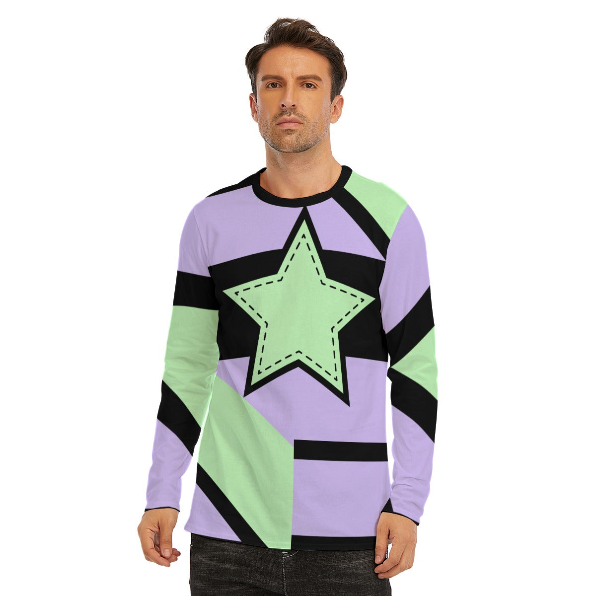 Asymmetrical Green and Purple Pastel Star Long Sleeve T-Shirt | Unisex - XS / White