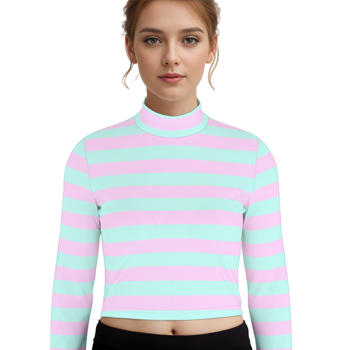 Pastel Pink Green Striped Women’s Turtleneck Crop Top