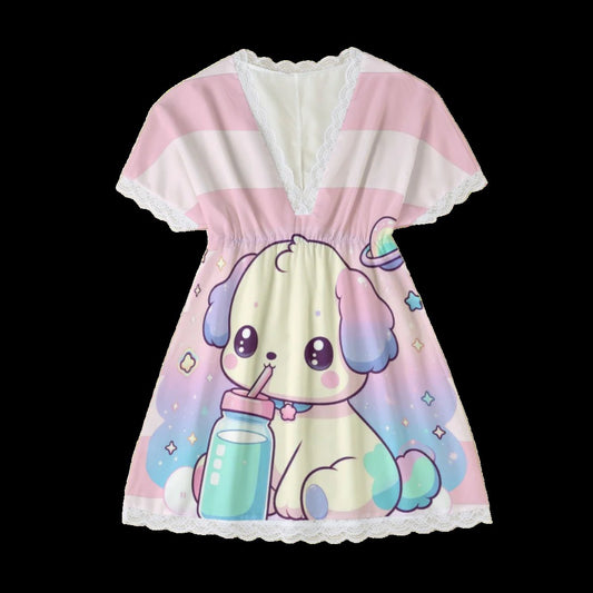 Kawaii Puppy Milk Bottle Women’s Lace Edge Sleepwear Nightdress - S