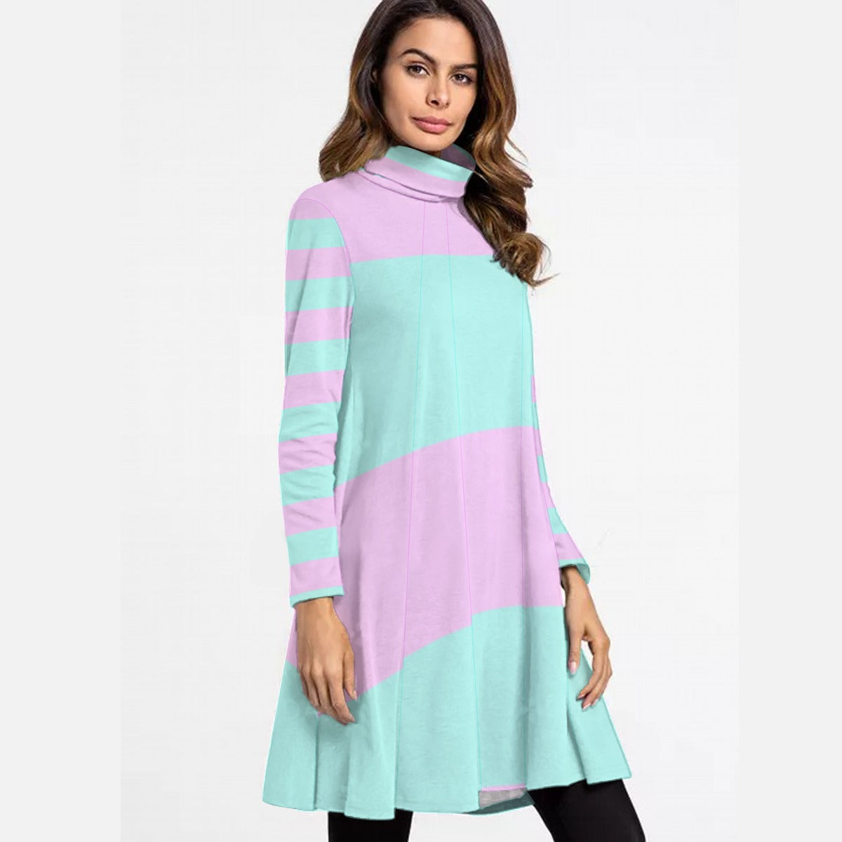 Pastel Pink Green Striped Women’s Turtleneck Dress With Long Sleeves