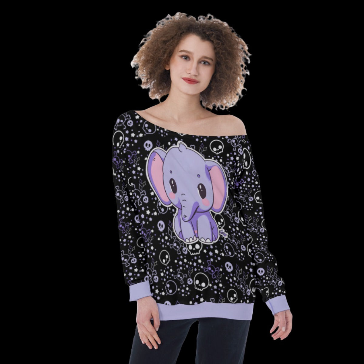 Kawaii Purple Elephant Oversized Off-Shoulder Sweatshirt