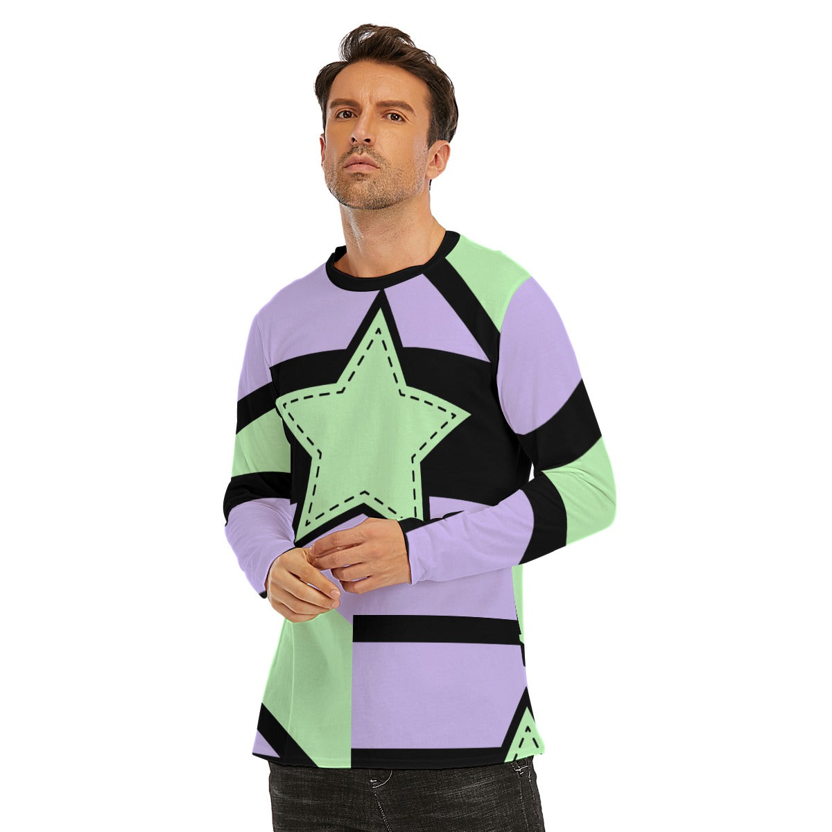 Asymmetrical Green and Purple Pastel Star Long Sleeve T-Shirt | Unisex