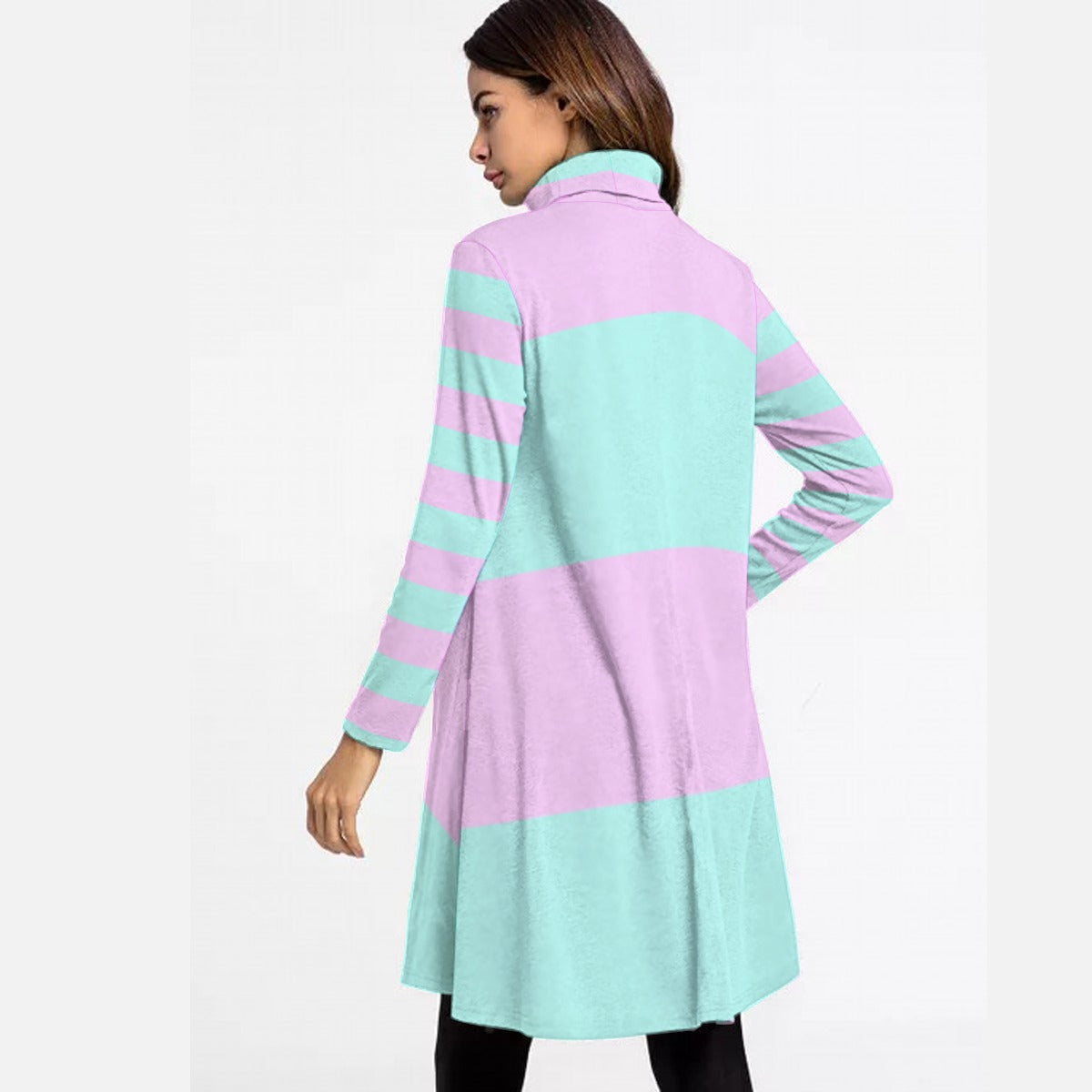 Pastel Pink Green Striped Women’s Turtleneck Dress With Long Sleeves