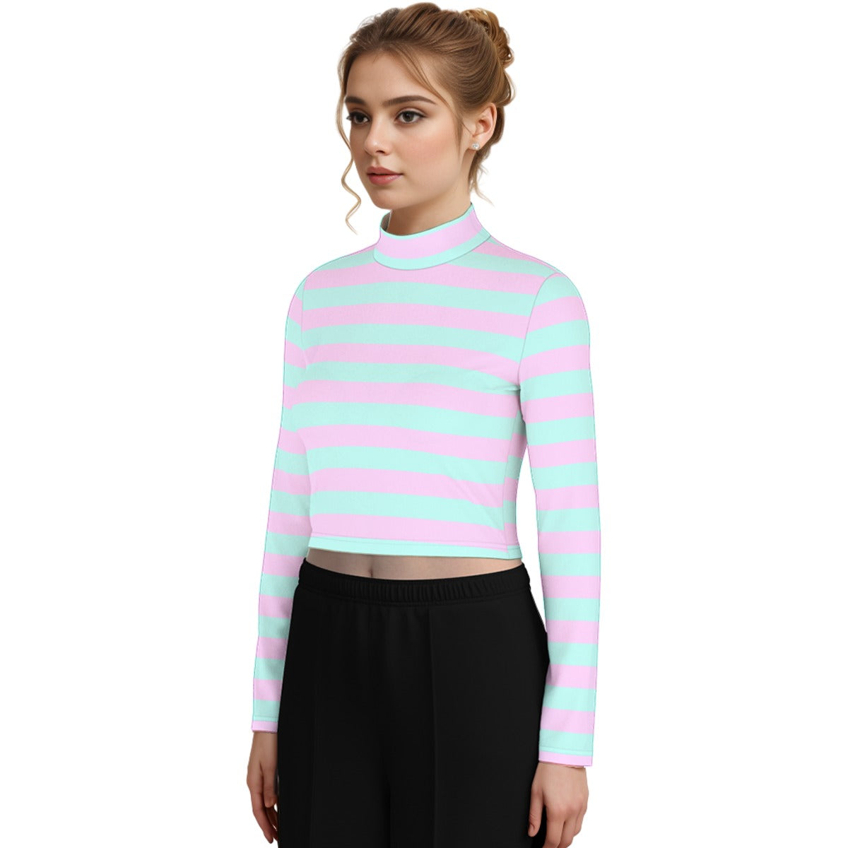 Pastel Pink Green Striped Women’s Turtleneck Crop Top