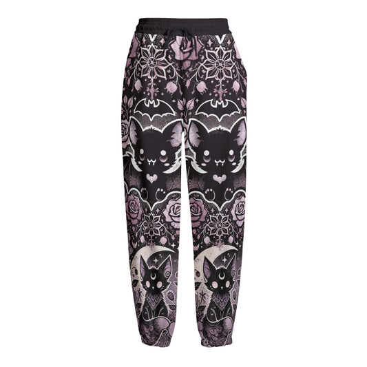 Kawaii Goth / Pastel Goth Mythical Creatures Fleece Pants - Bat / Cat Print