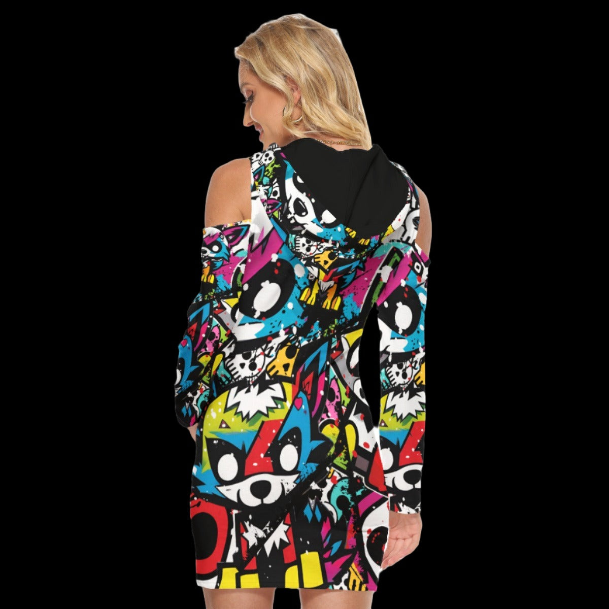 Wolf Street Art Open Shoulder Hoodie Dress