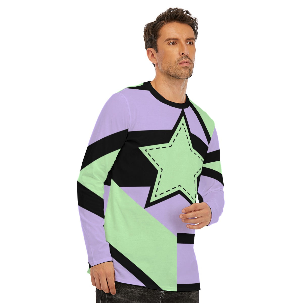 Asymmetrical Green and Purple Pastel Star Long Sleeve T-Shirt | Unisex