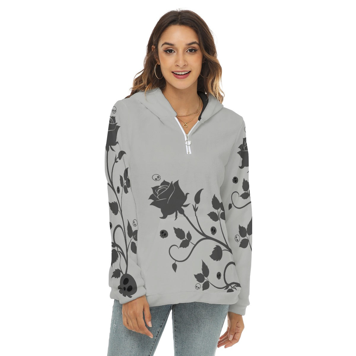 Grey Gothic Rose Women’s Borg Fleece Hoodie With Half Zip - S / White