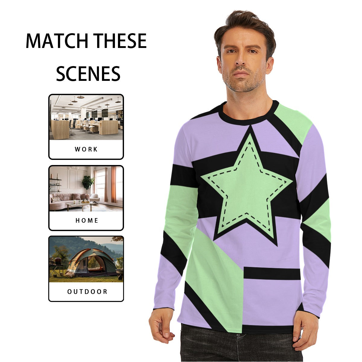 Asymmetrical Green and Purple Pastel Star Long Sleeve T-Shirt | Unisex