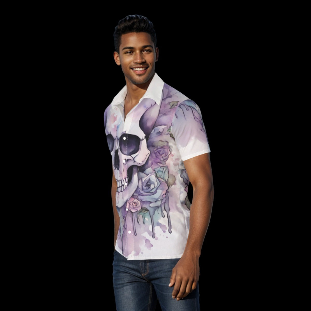 Watercolor Pastel Goth Skull Button Down Shirt - XS