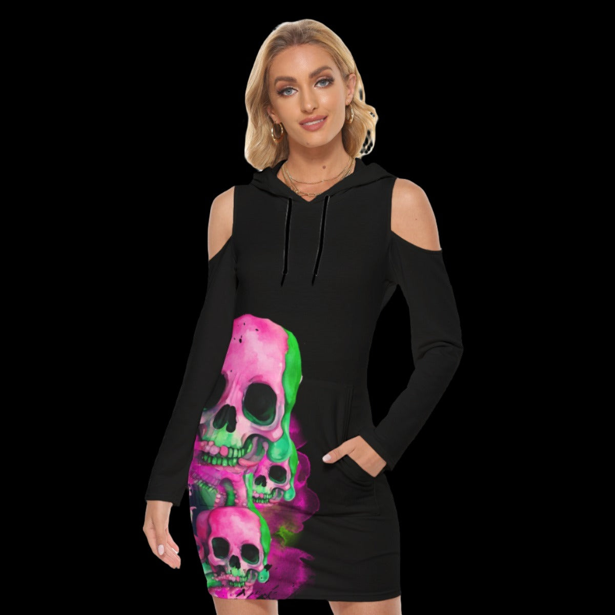 Neon Skull Punk Alternative Open Shoulder Hoodie Dress