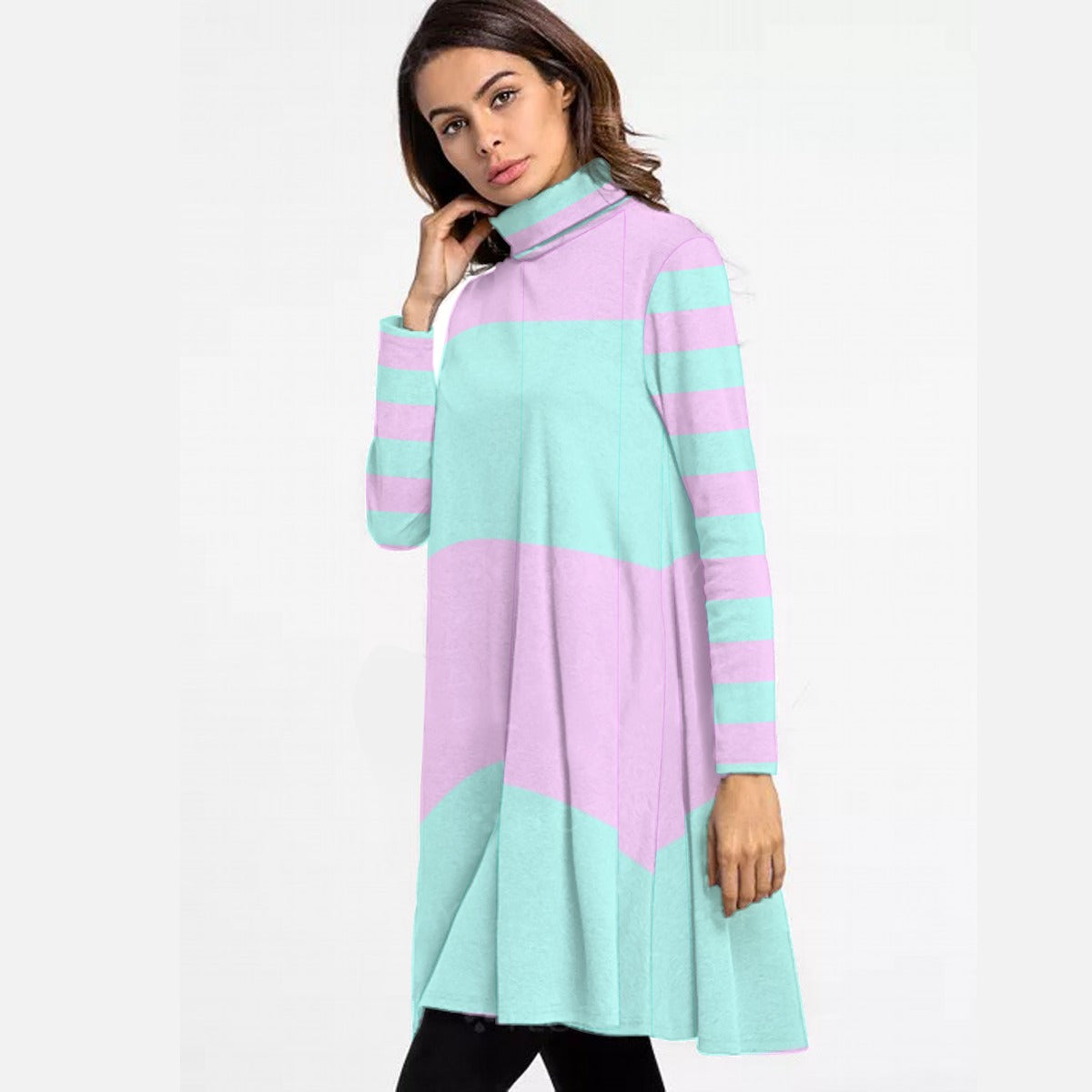 Pastel Pink Green Striped Women’s Turtleneck Dress With Long Sleeves