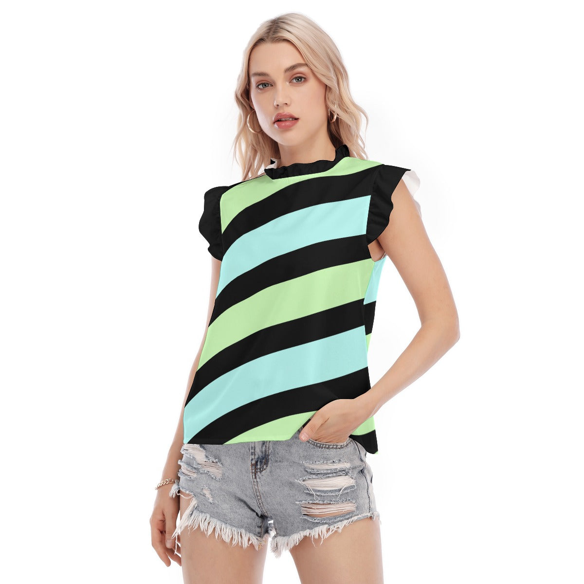 Pastel Goth Solid Striped Blue Green Women’s Blouse With Ruffle Collar And Sleeve