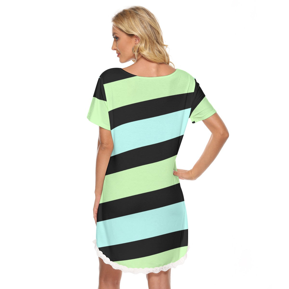 Striped Pastel Women's Dress With Lace Edge - Green / Blue - Pastel Goth Minimalist