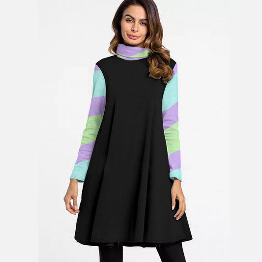 Pastel Goth Solid Striped Women’s Turtleneck Dress With Long Sleeve - S / White