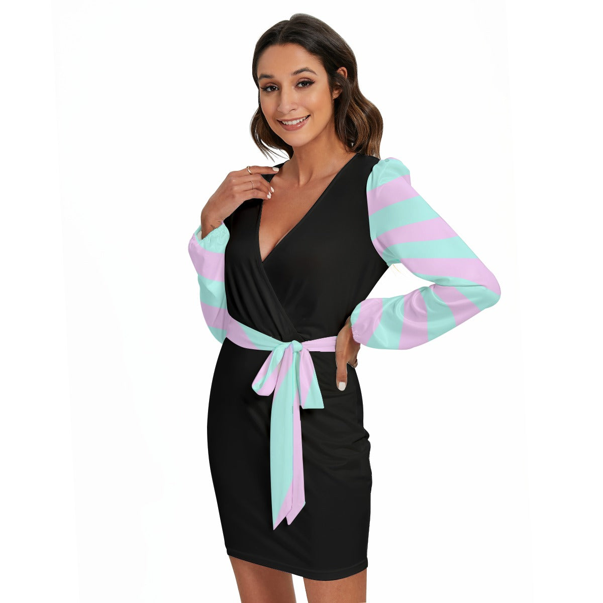 Elegant Pastel Goth Pink Green Striped Women’s Long Sleeve Dress With Waist Belt