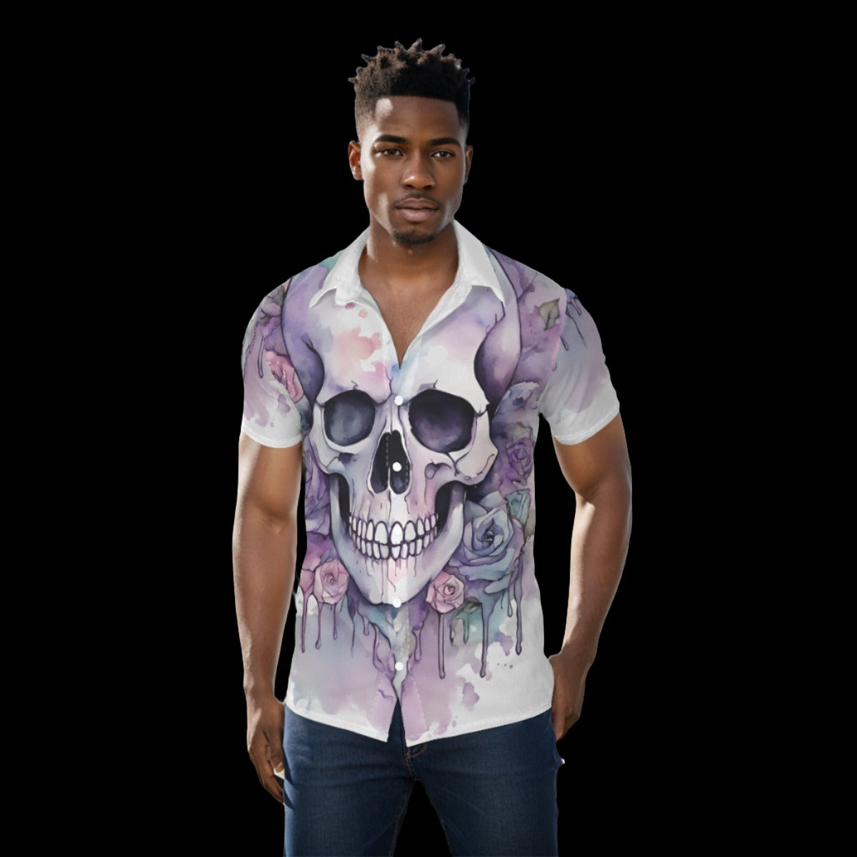 Watercolor Pastel Goth Skull Button Down Shirt