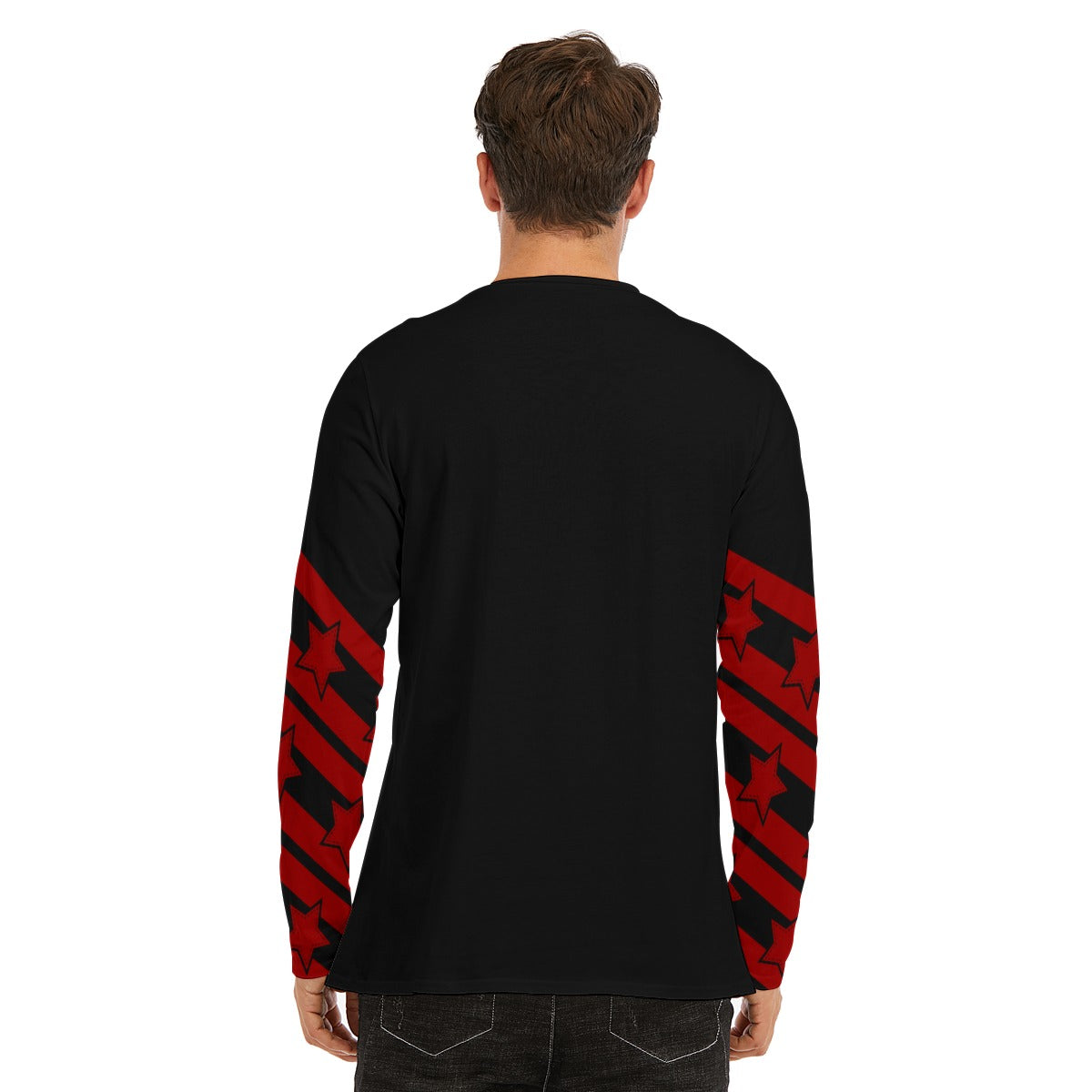 Crimson Red Stripes and Star Long Sleeve T-Shirt | 190GSM Cotton