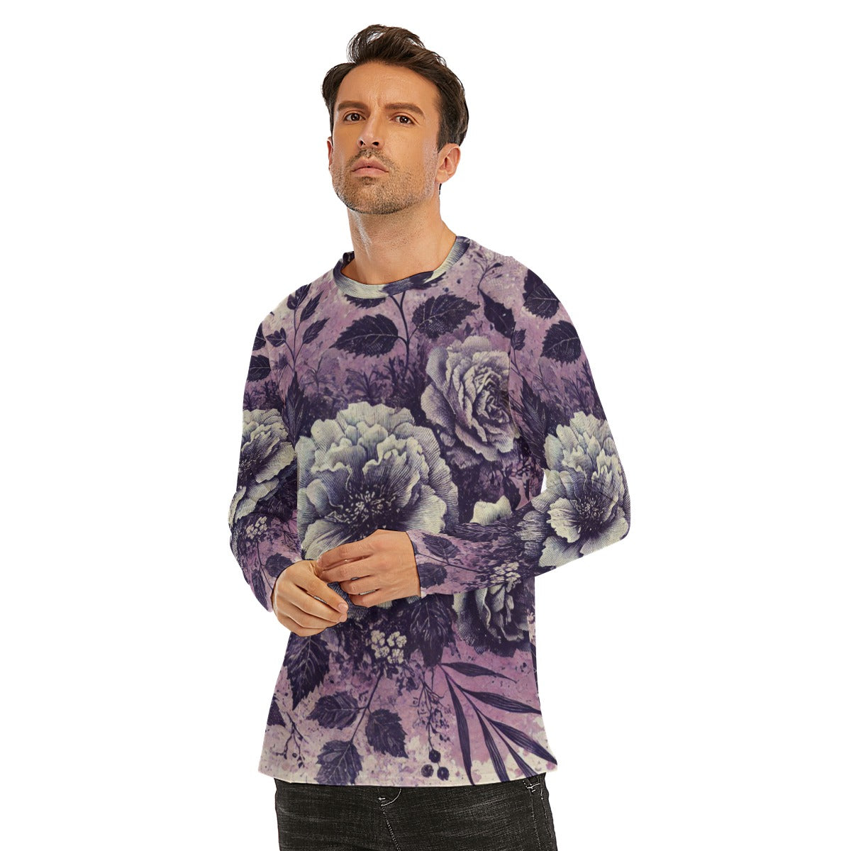 Vintage Flower Long Sleeve T-Shirt - Purple / Grey