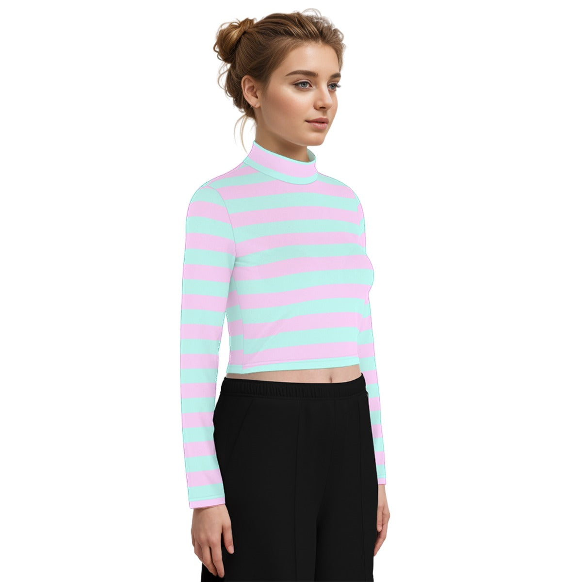 Pastel Pink Green Striped Women’s Turtleneck Crop Top