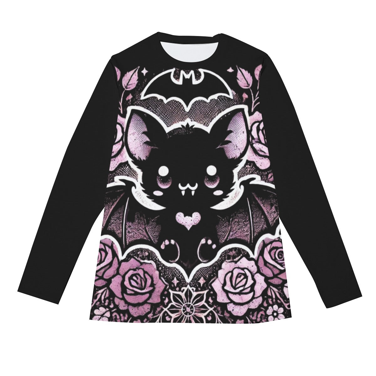 Vintage Floral Gothic Bat Long Sleeve T-Shirt - Purple / Black