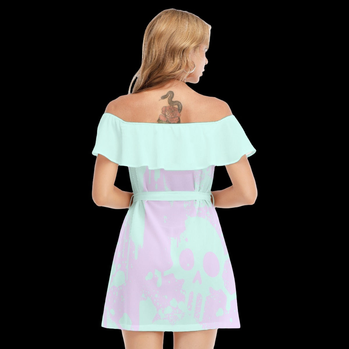 Pastel Goth Green & Purple Off-shoulder Dress With Ruffle