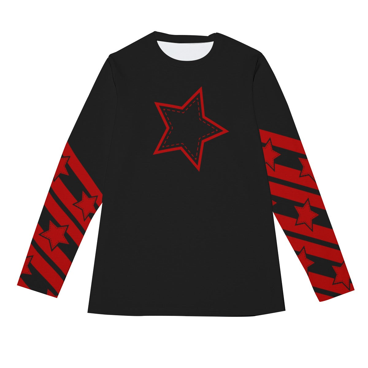 Crimson Red Stripes and Star Long Sleeve T-Shirt | 190GSM Cotton