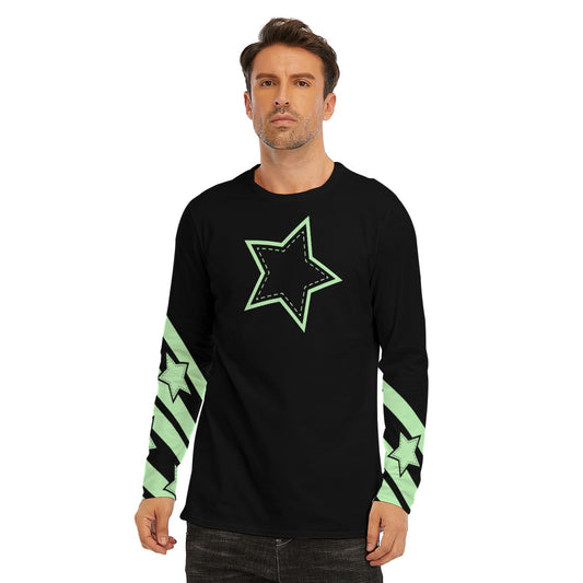 Pastel Green Stripes and Star Long Sleeve T-Shirt - XS / White