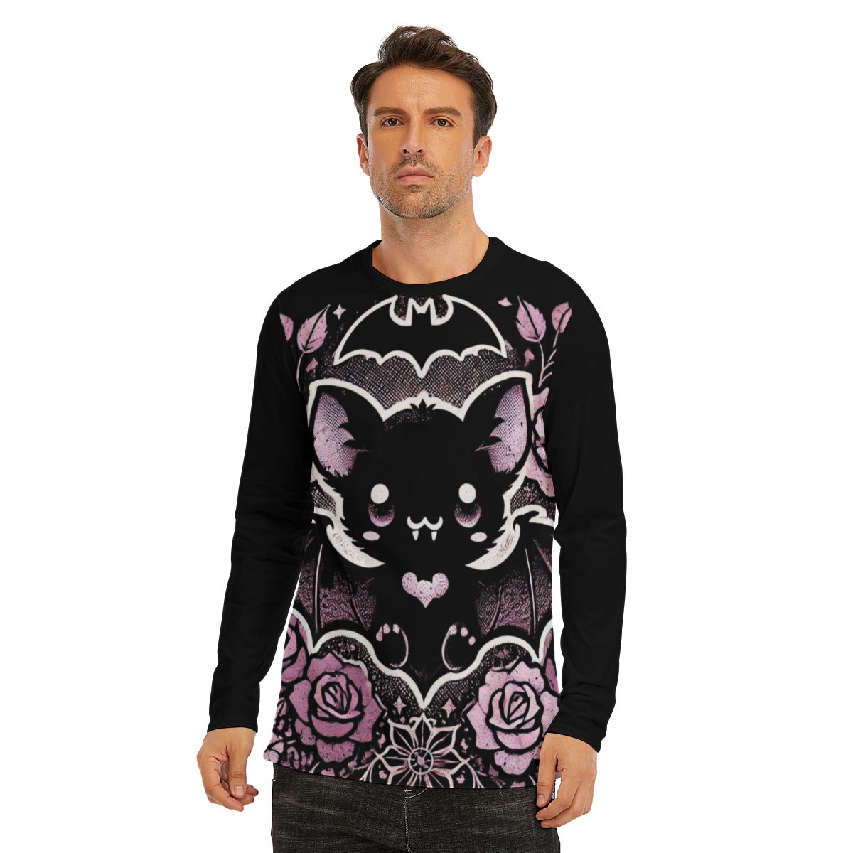 Vintage Floral Gothic Bat Long Sleeve T-Shirt - Purple / Black