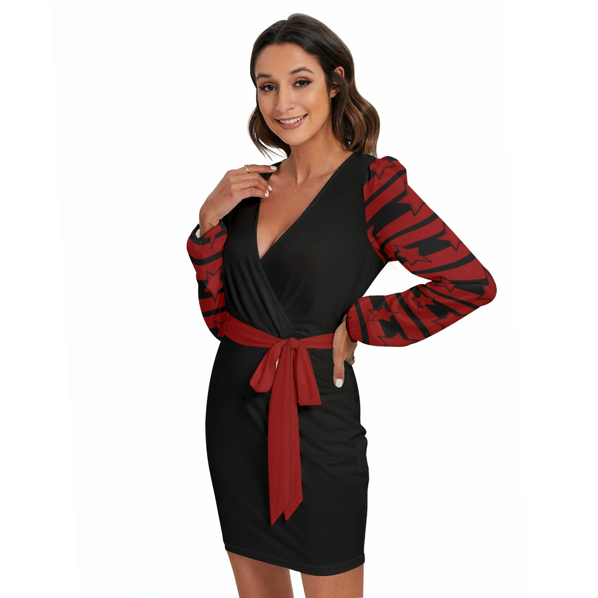 Stitched Star Red Black Women’s Long Sleeve Dress With Waist Belt