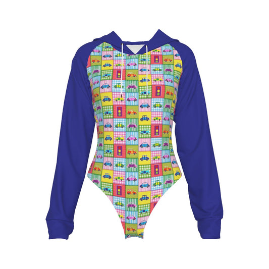 Toy Car Patchwork Adult Onesie Hooded Bodysuit - XS / White