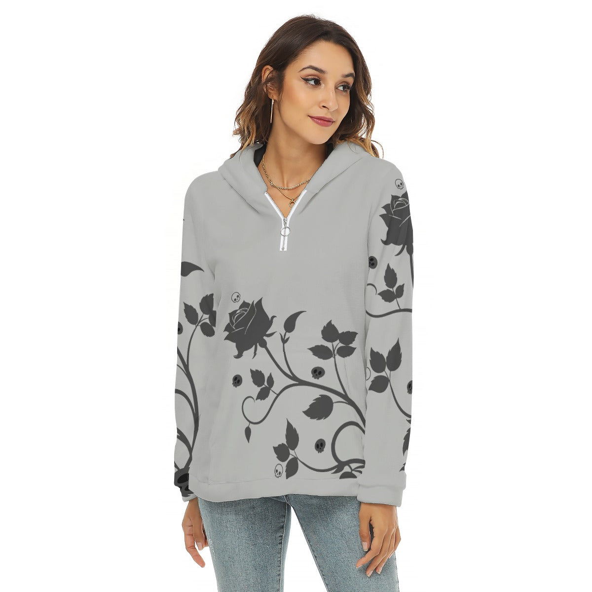 Grey Gothic Rose Women’s Borg Fleece Hoodie With Half Zip