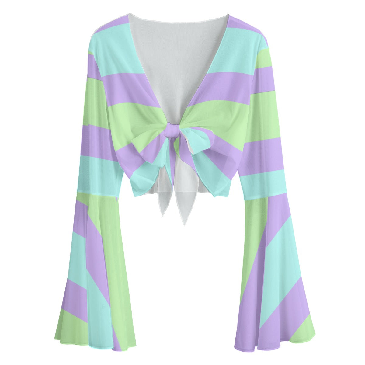 Purple Green Blue Striped Bow Knot Women’s Blouse- Cropped Top - S / White