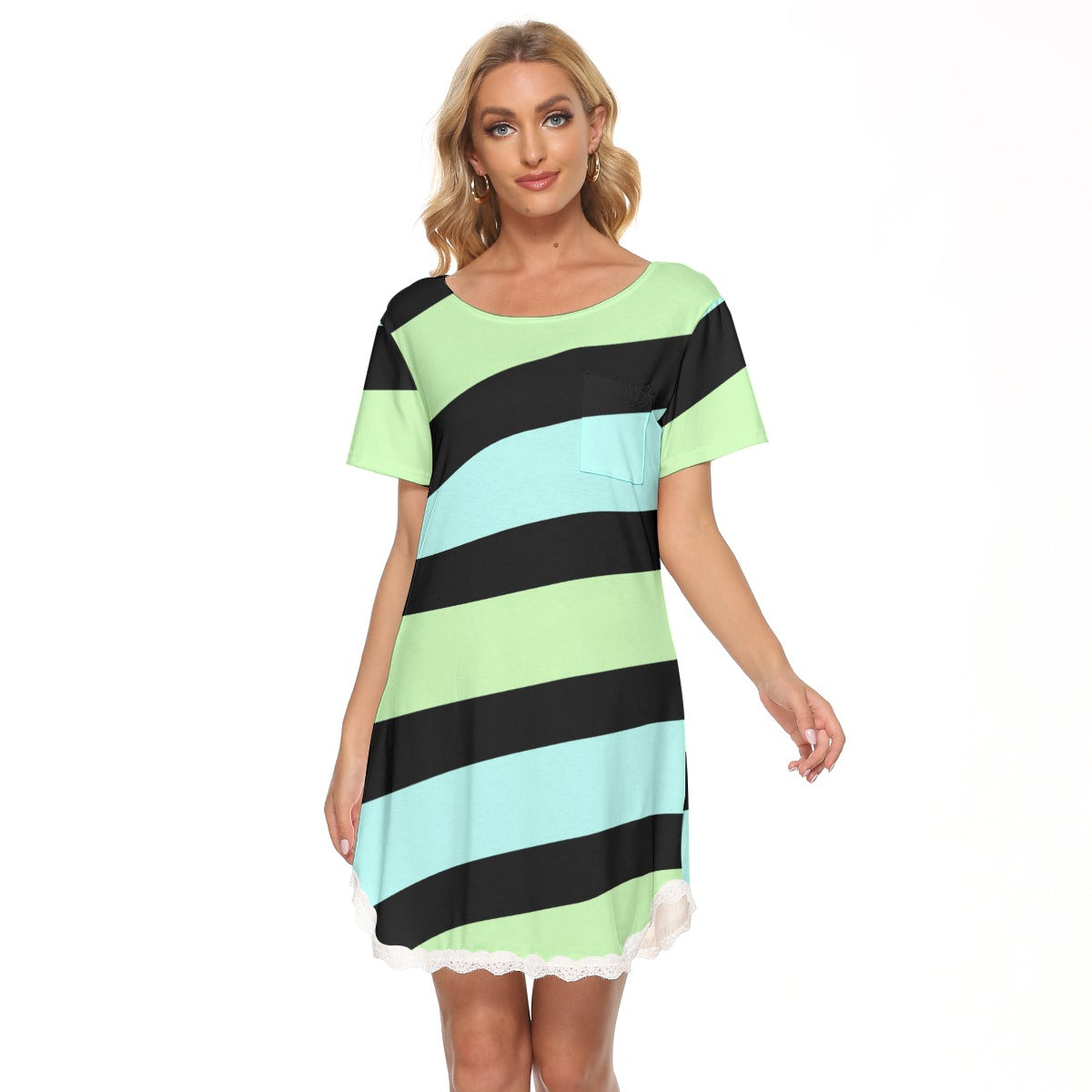 Striped Pastel Women's Dress With Lace Edge - Green / Blue - Pastel Goth Minimalist