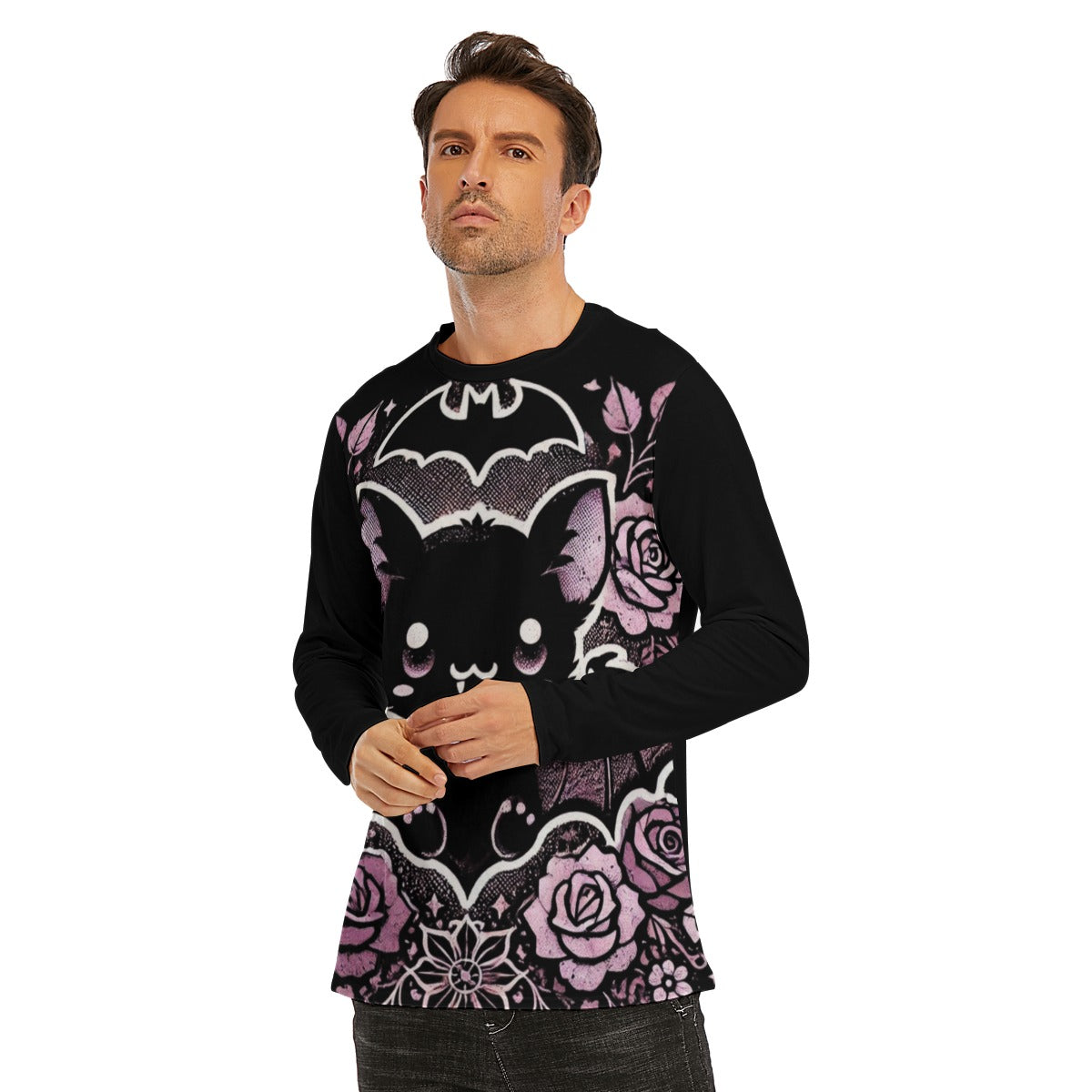 Vintage Floral Gothic Bat Long Sleeve T-Shirt - Purple / Black