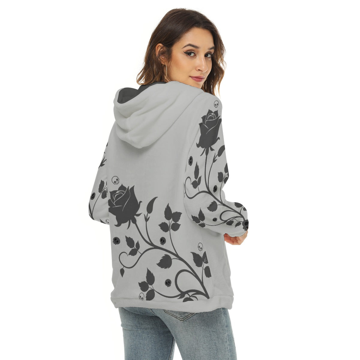 Grey Gothic Rose Women’s Borg Fleece Hoodie With Half Zip