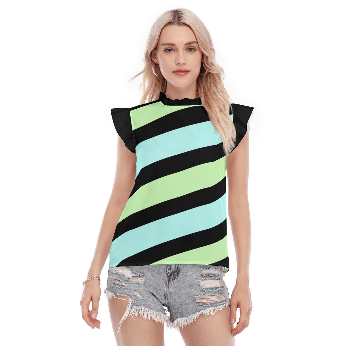 Pastel Goth Solid Striped Blue Green Women’s Blouse With Ruffle Collar And Sleeve - XS / White