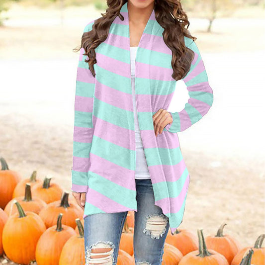 Pastel Green Pink Striped Women’s Cardigan with Long Sleeves - XS / White