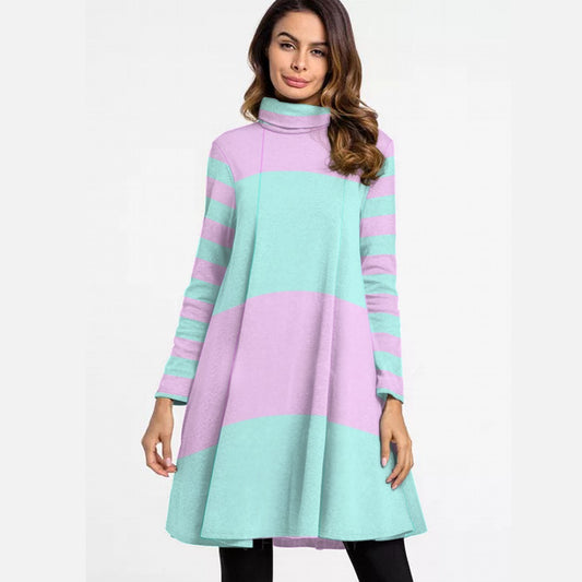 Pastel Pink Green Striped Women’s Turtleneck Dress With Long Sleeves - S / White