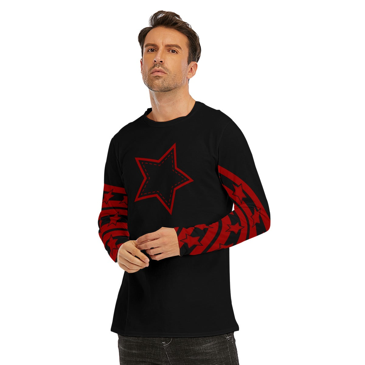 Crimson Red Stripes and Star Long Sleeve T-Shirt | 190GSM Cotton